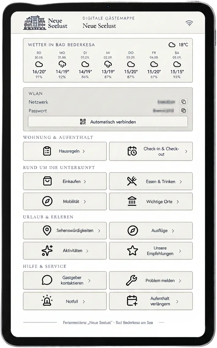 Digitale Gästemappe der Ferienresidenz Neue Seelust auf einem Tablet – mit Wetter, WLAN-Zugang, Hausregeln und Ausflugstipps