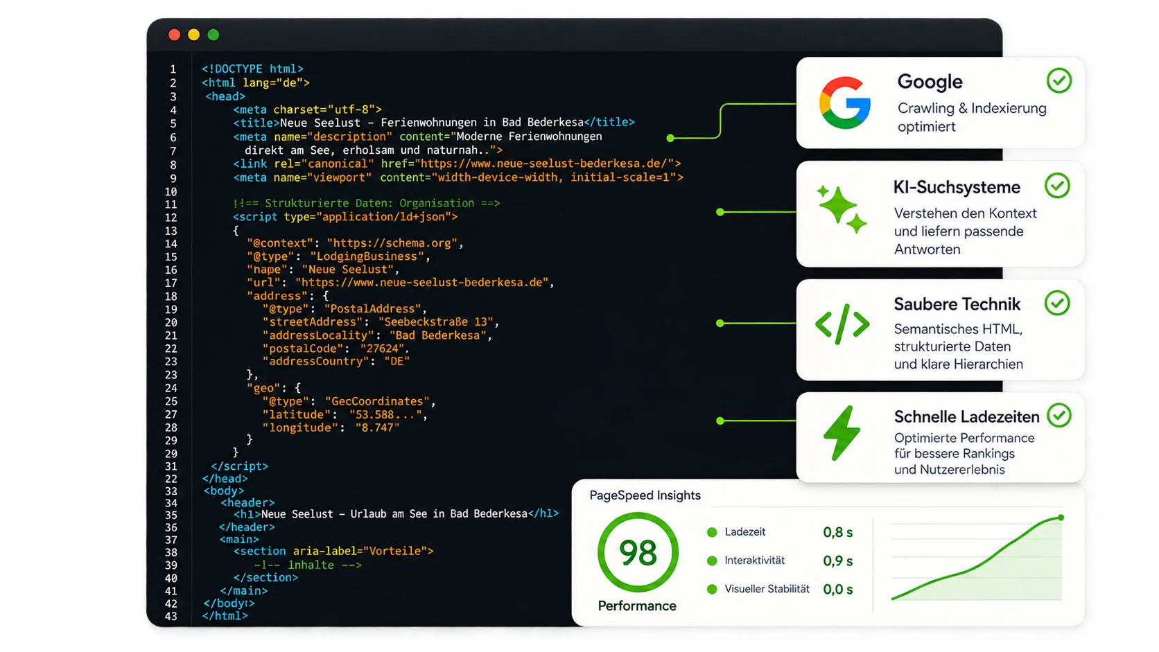 Technische Website-Optimierung für Google und KI-Suchsysteme: semantisches HTML, strukturierte Daten, schnelle Ladezeiten und PageSpeed Insights