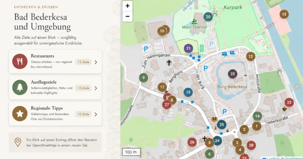 Interaktive Karte von Bad Bederkesa und Umgebung mit Restaurants, Ausflugszielen und regionalen Tipps auf der Website der Neuen Seelust